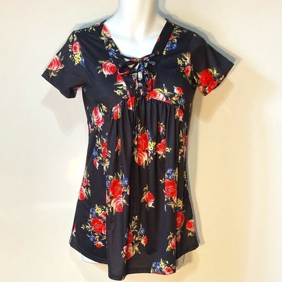 Shiziban Dresses & Skirts - Shiziban SZ S Black floral mini dress lace up Comfy Cottage Romantic Feminine